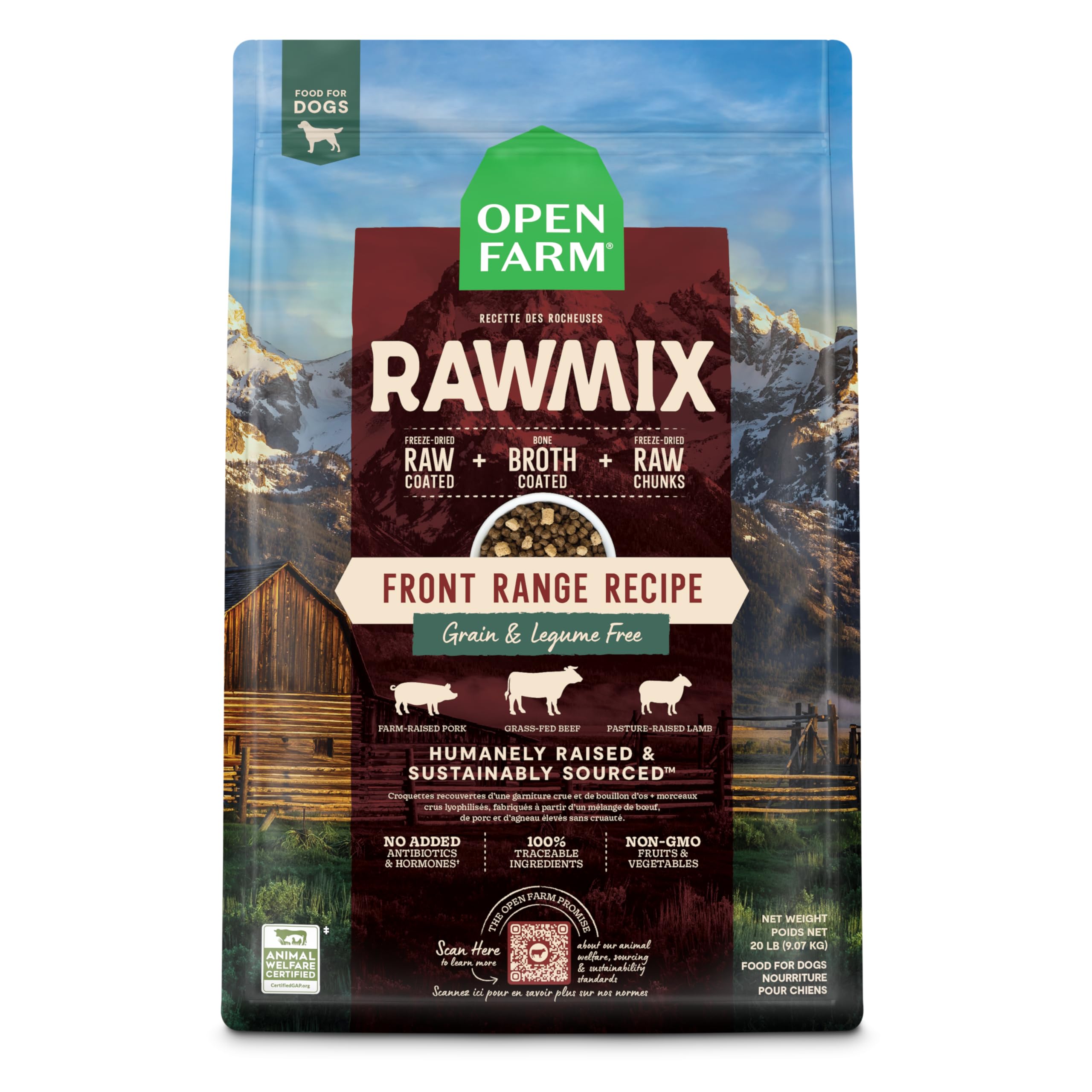 Open Farm RawMix Front Range Recipe bag shows grain-free kibble for balanced dog nutrition.