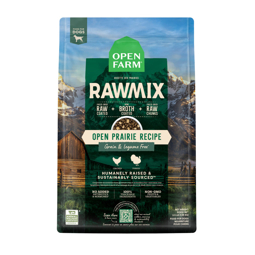 Open Farm RawMix grain-free dog food bag shows balanced nutrition for active dogs