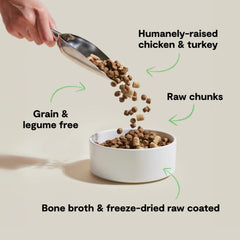 Open Farm RawMix kibble in bowl with bone broth coating for palate appeal