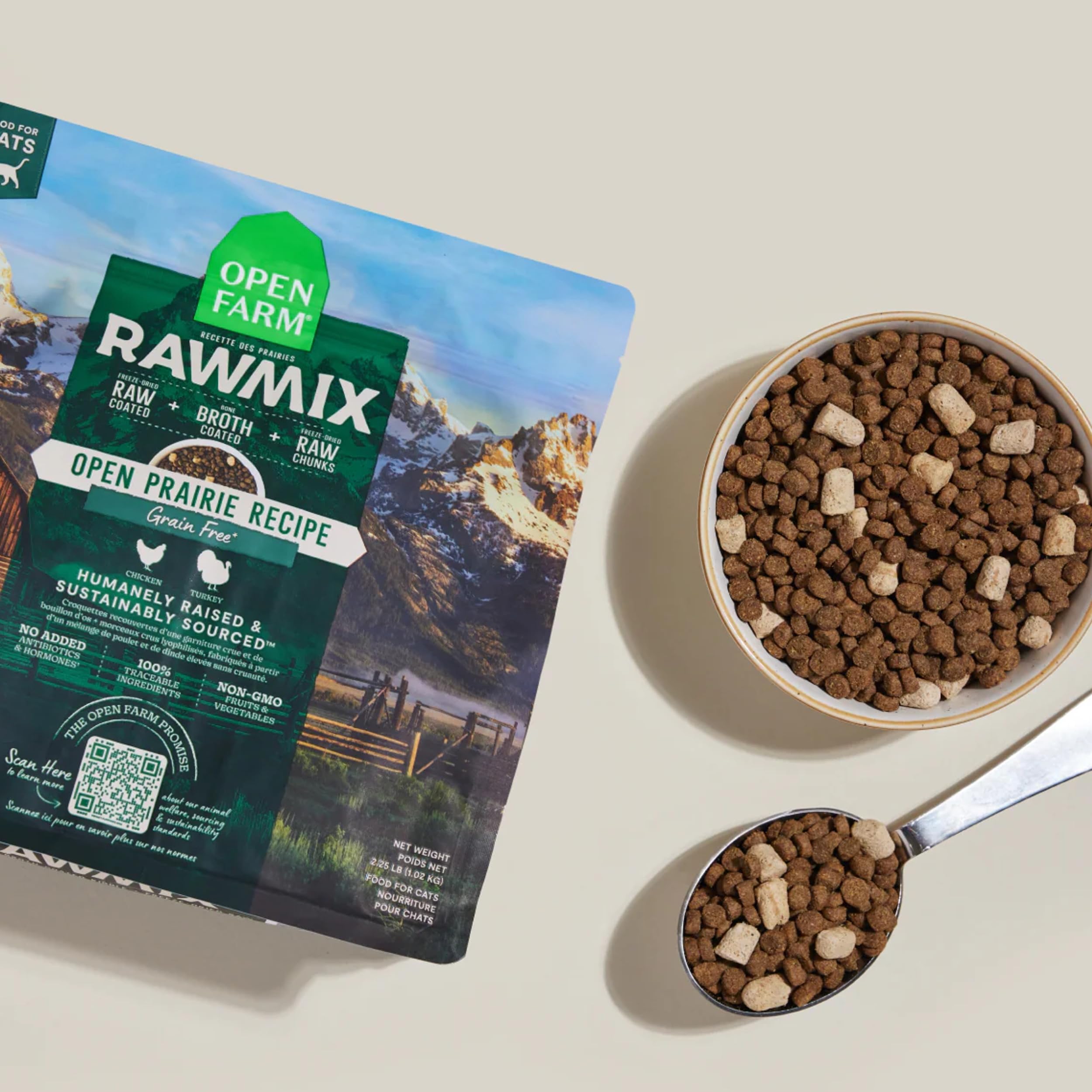 Open Farm RawMix kibble close-up emphasizes grain-free recipe and nutrient-dense ingredients.