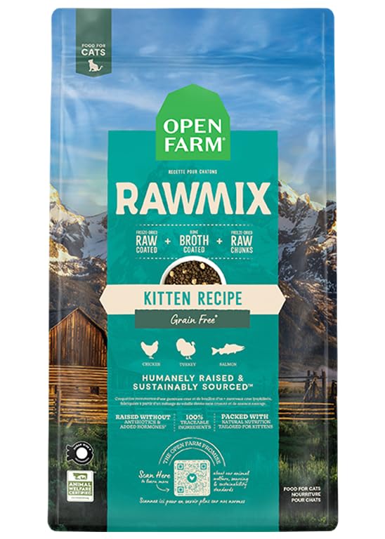 Open Farm RawMix kitten dry cat food bag shows protein-packed kibble for kittens