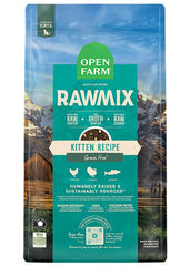 Open Farm RawMix kitten dry cat food bag shows protein-packed kibble for kittens