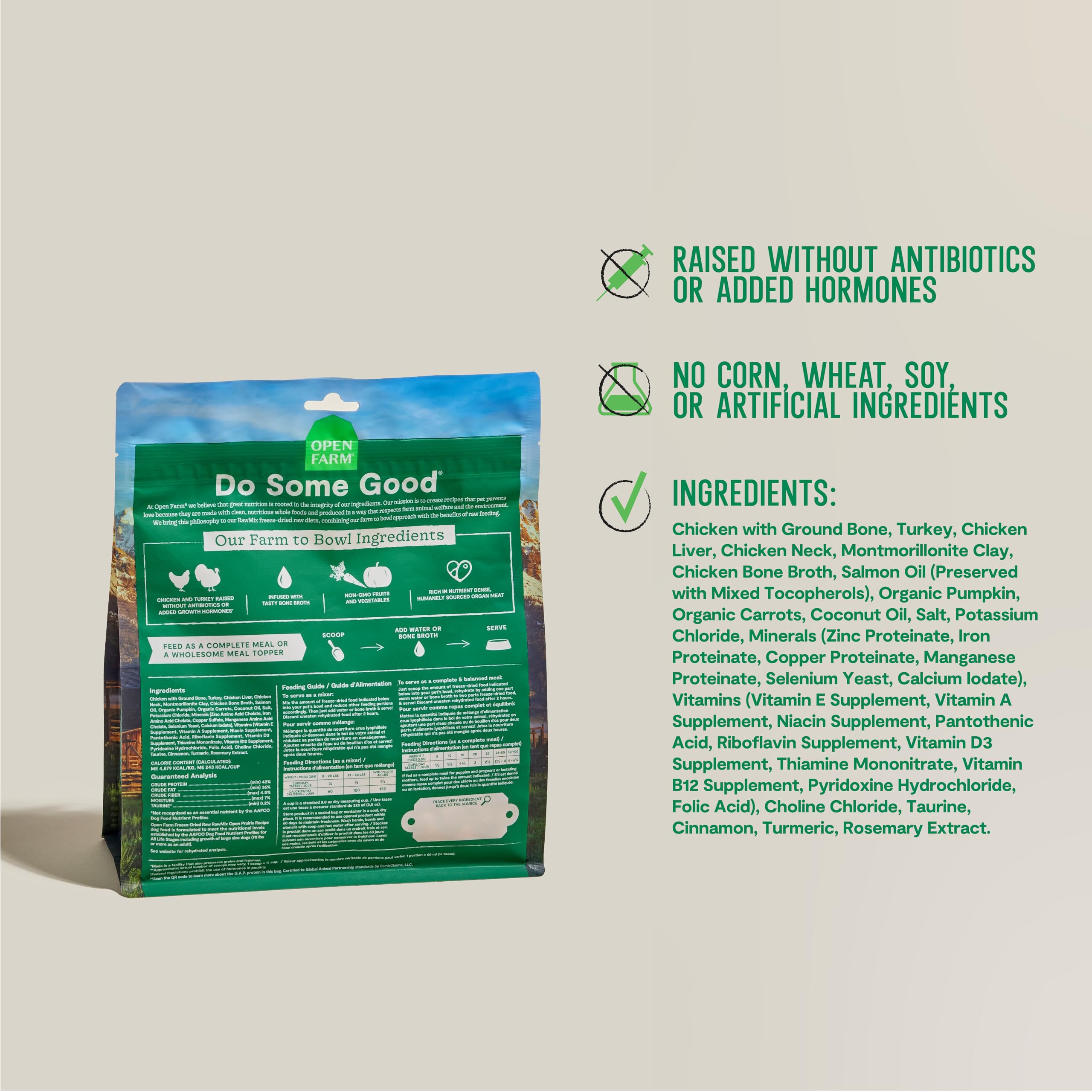 Open Farm RawMix USA-made label emphasizes traceable ingredients and ethical sourcing.