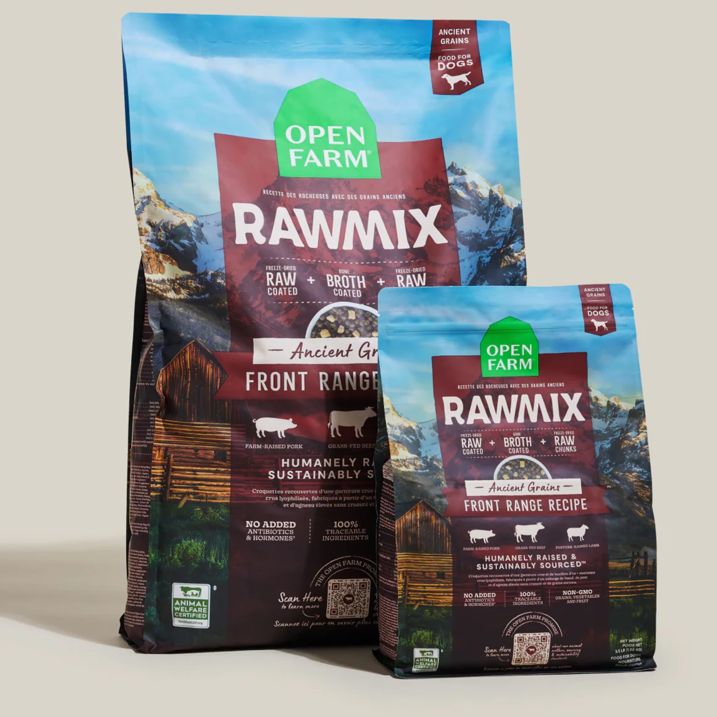 Open Farm RawMix pork ingredient close-up showcases organs and bone for balanced nutrition.