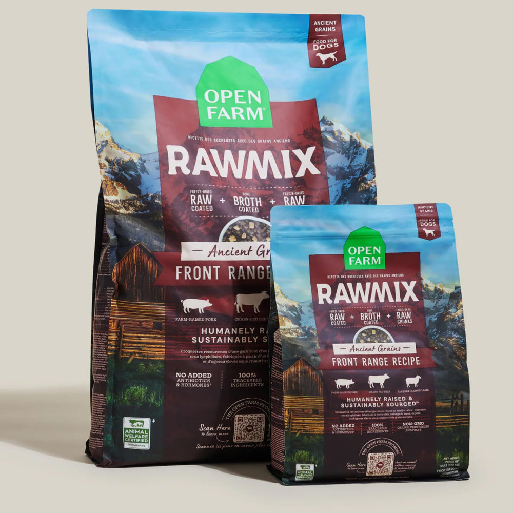 Open Farm RawMix pork ingredient close-up showcases organs and bone for balanced nutrition.