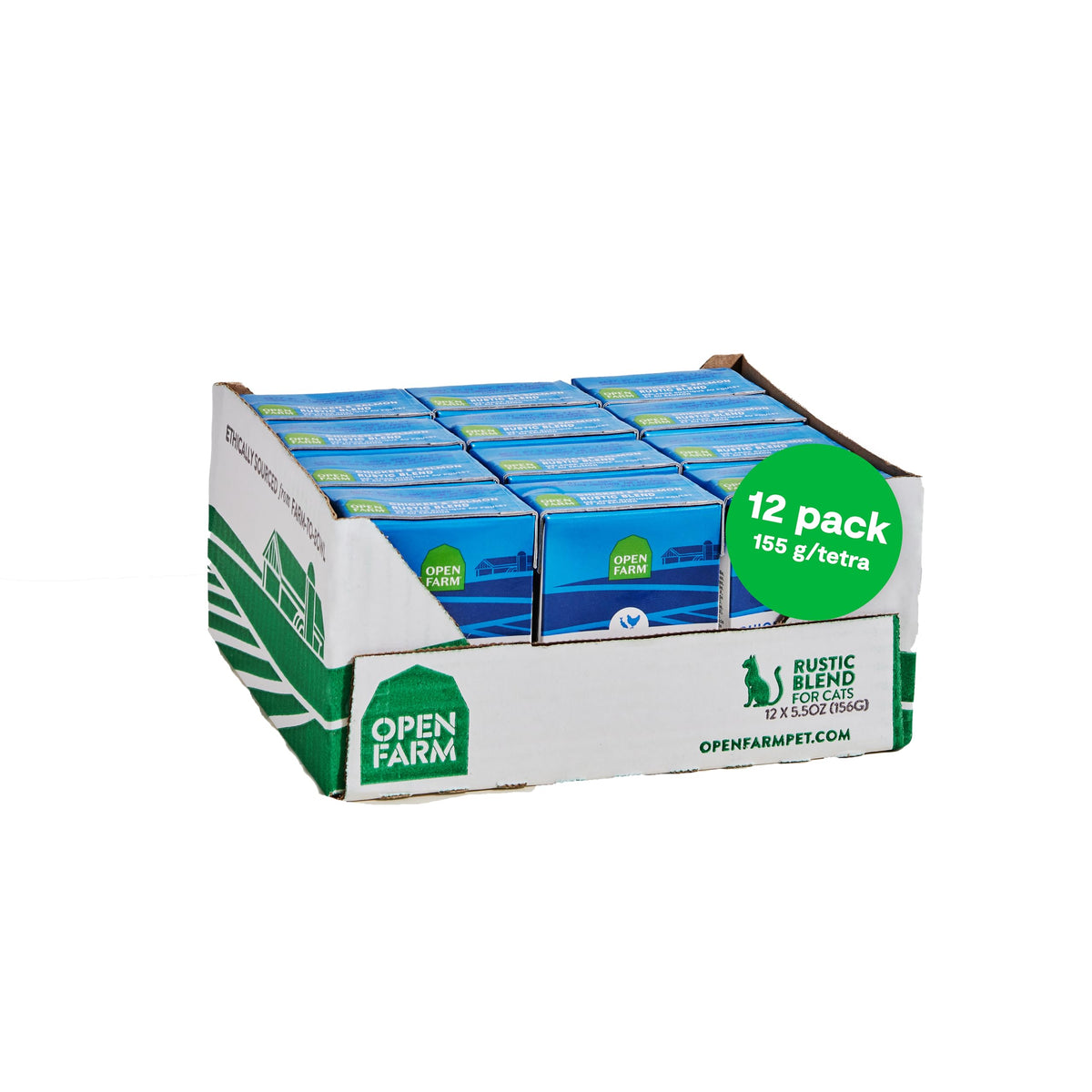 Open Farm Rustic Blend wet cat food packshot shows the product with trusted packaging and branding