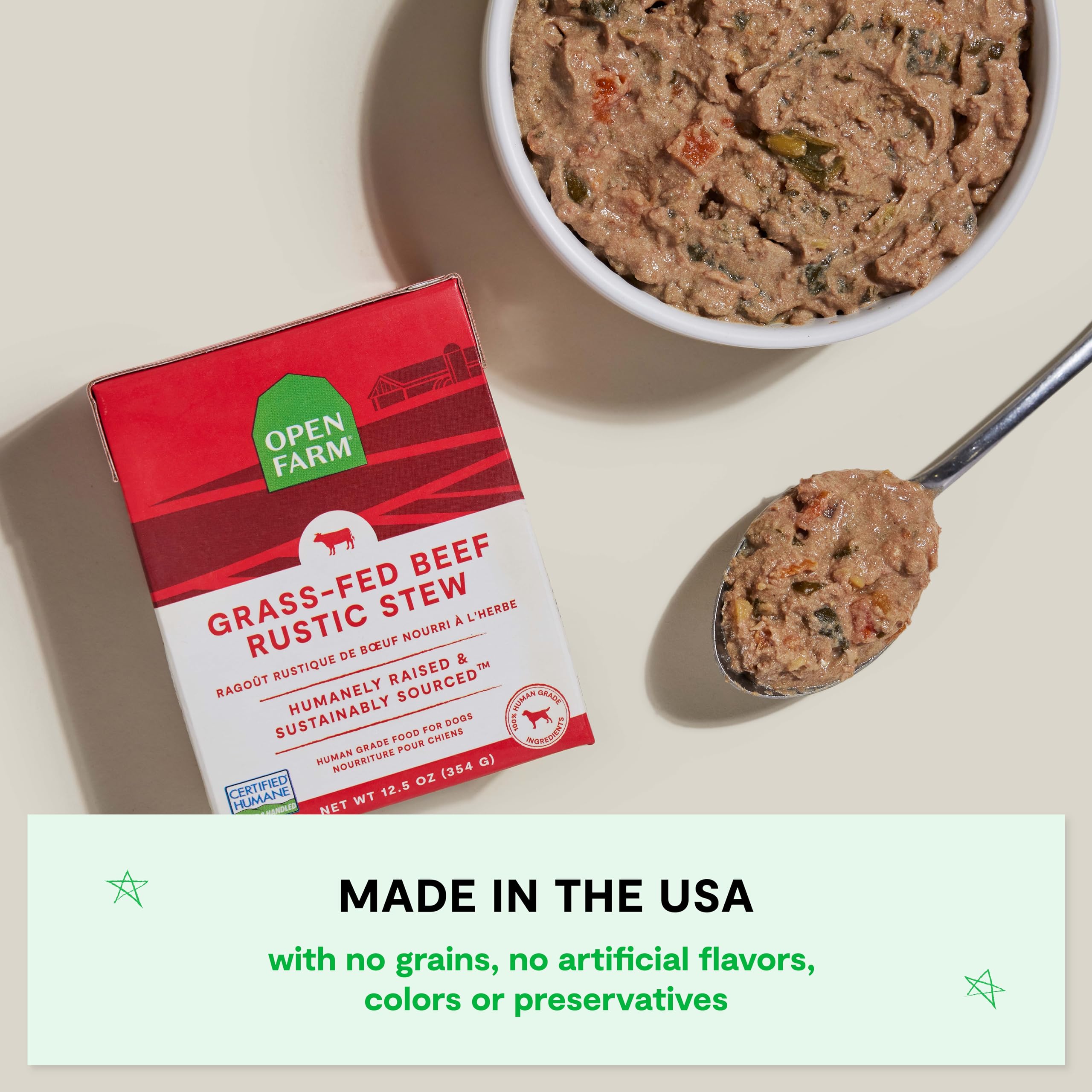 Open Farm Rustic Stews bone broth jar showcases rich, flavorful broth