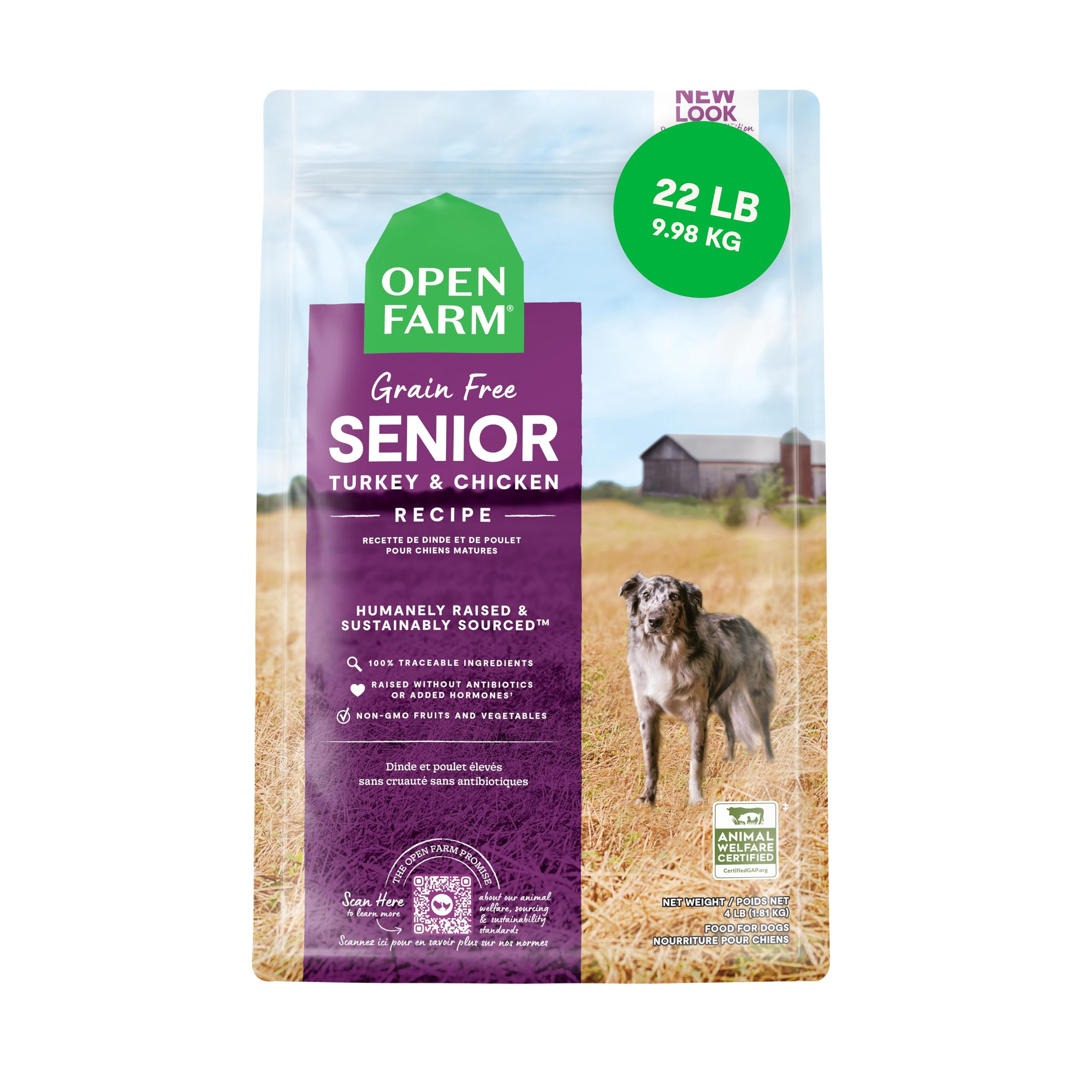 Open Farm senior grain-free dog food 22lb bag supports mobility during daily activities.