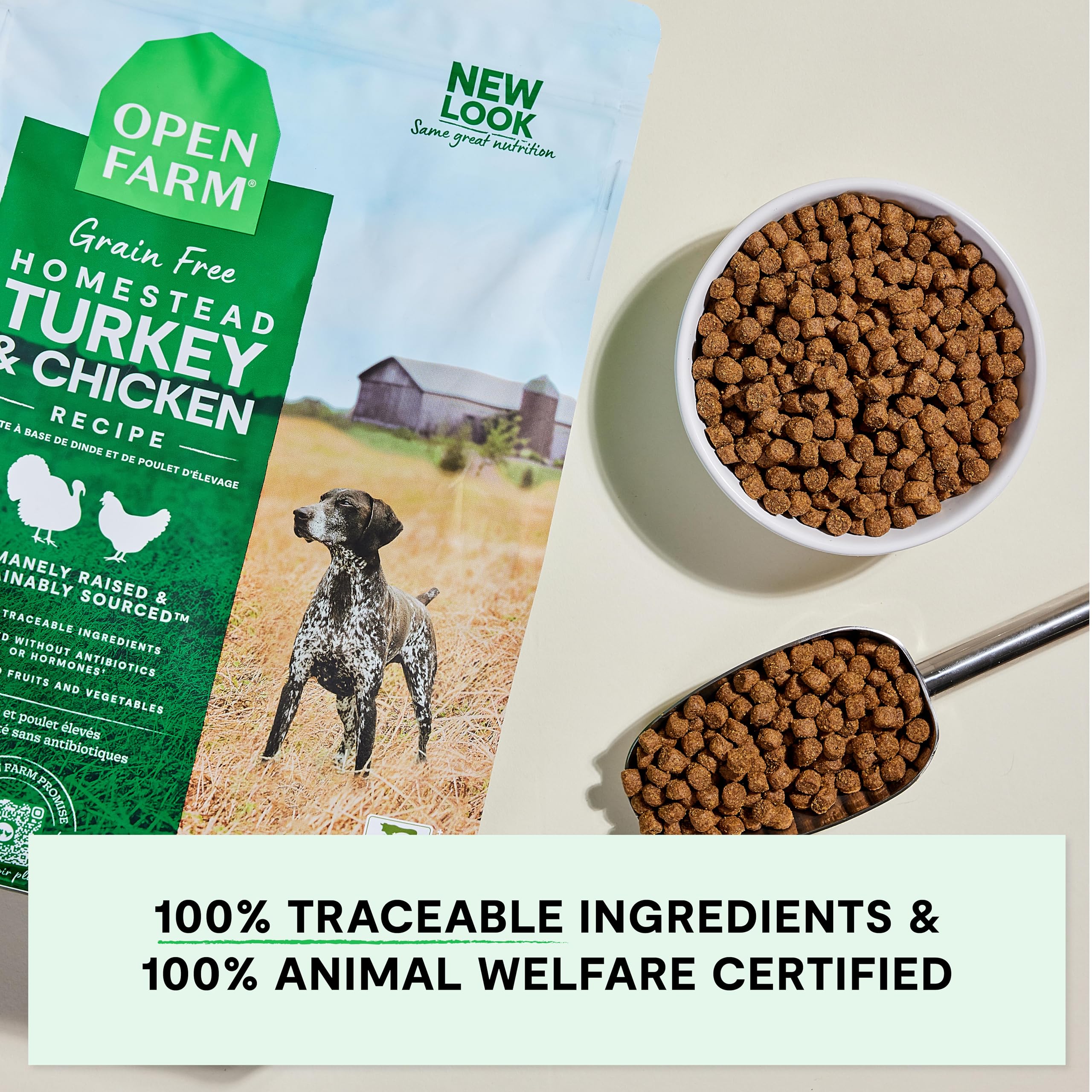 Open Farm kibble poured into a dog's dish during mealtime.