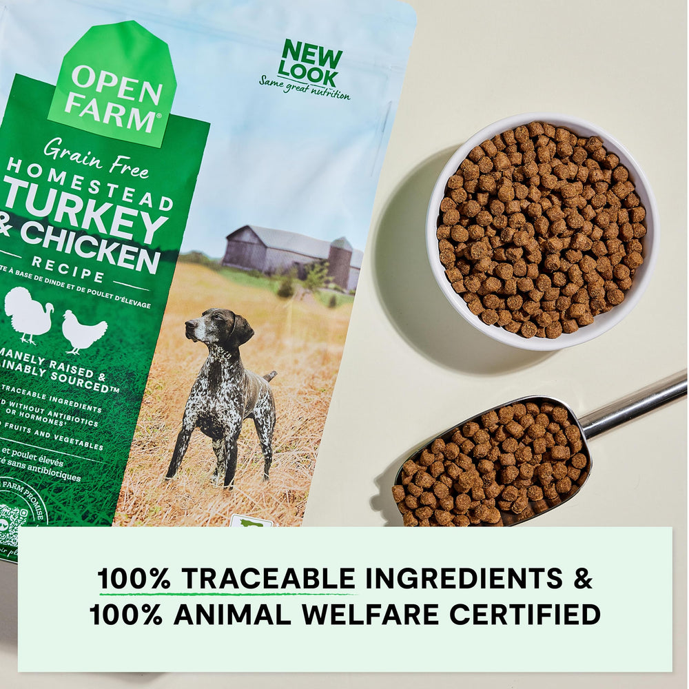 Open Farm kibble poured into a dog's dish during mealtime.