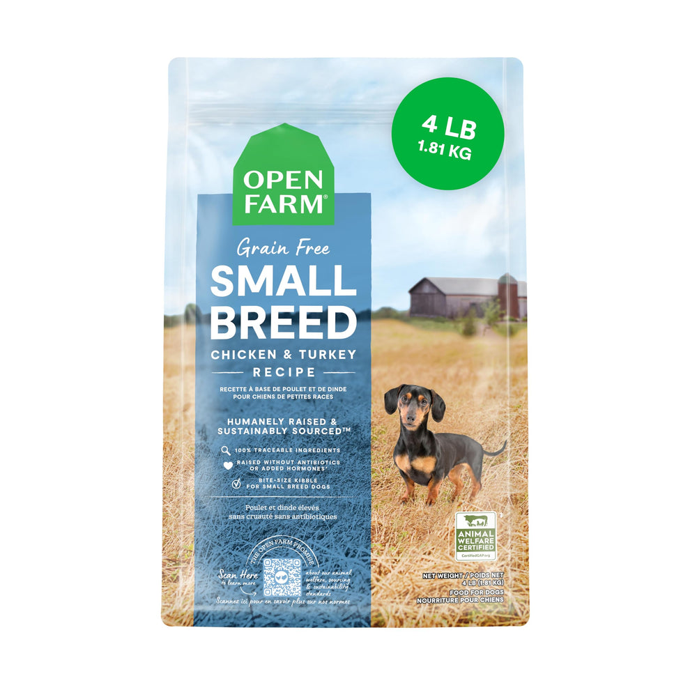 Open Farm small-breed dry dog food bag showing grain-free formula for sensitive small dogs.