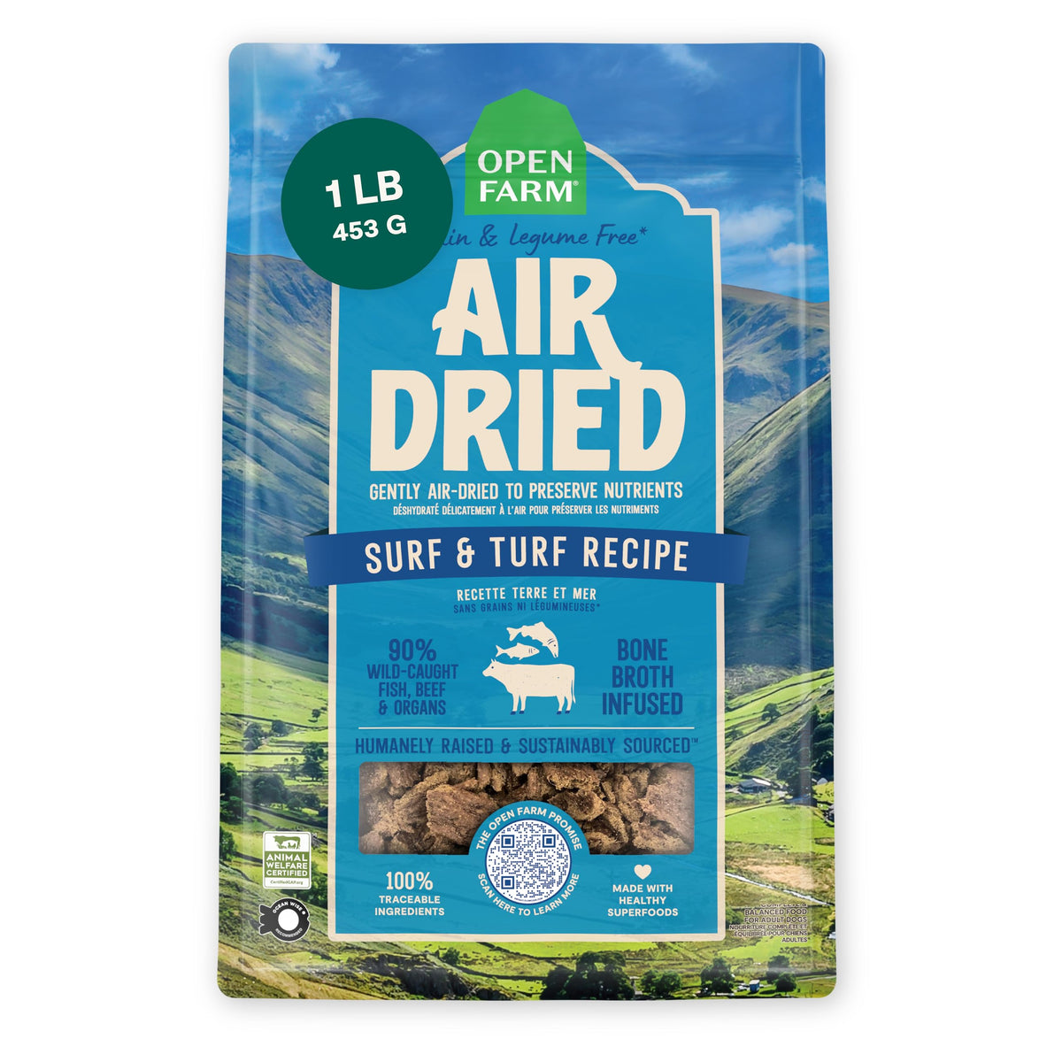 Open Farm Surf and Turf air-dried dog food in a bowl, ready as complete meal or topper