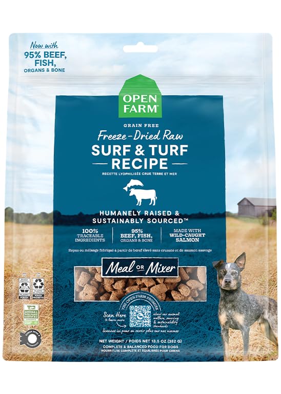 Open Farm Surf and Turf morsels bag front with high-protein freeze-dried nutrition.