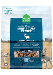 Open Farm Surf and Turf morsels bag front with high-protein freeze-dried nutrition.