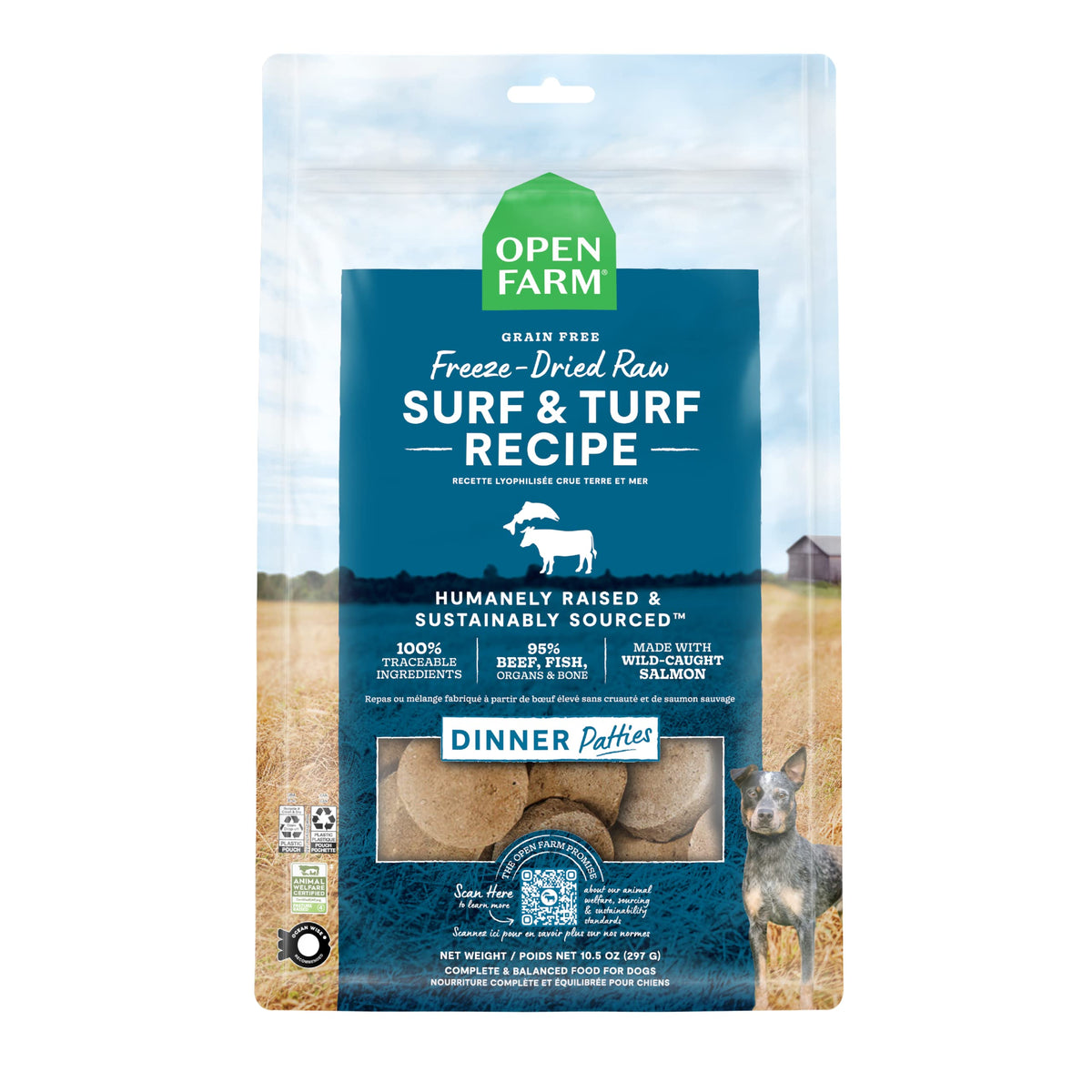 Open Farm Surf & Turf Patties bag highlights high-protein freeze-dried dog food for balanced meals
