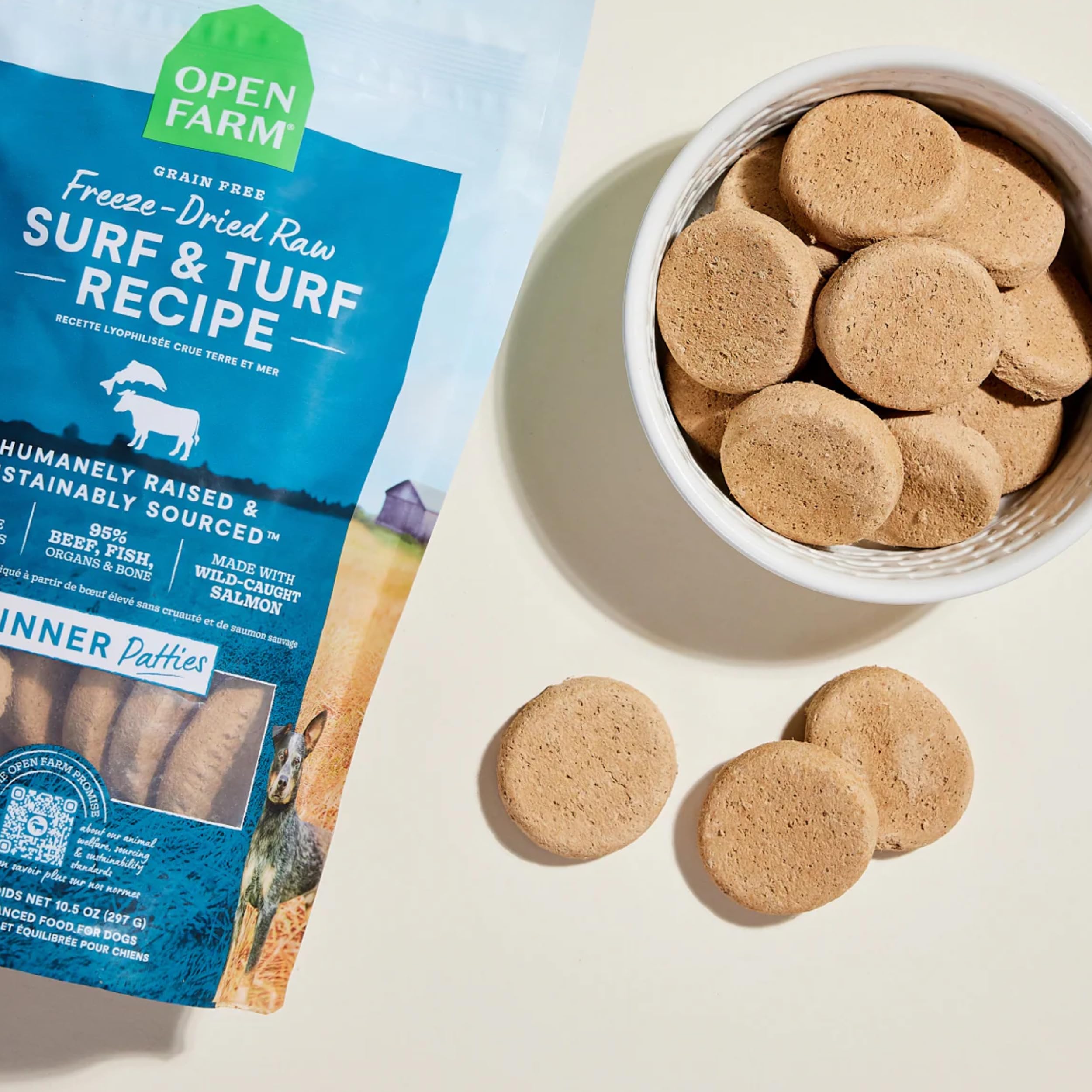 Open Farm Surf & Turf Patties closeup shows rich meat texture for canine appetites