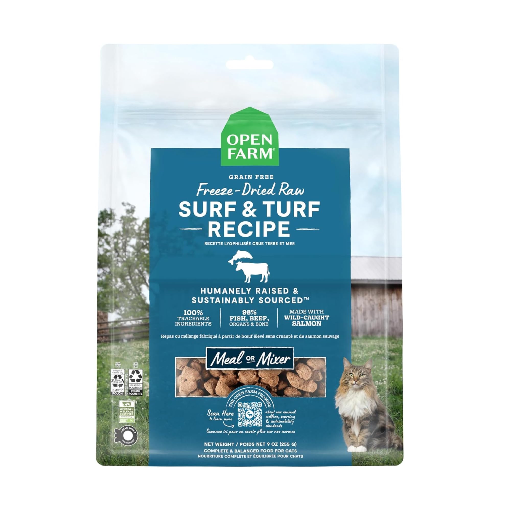 Open Farm Surf & Turf bag of freeze-dried raw cat food showing protein-rich meal option