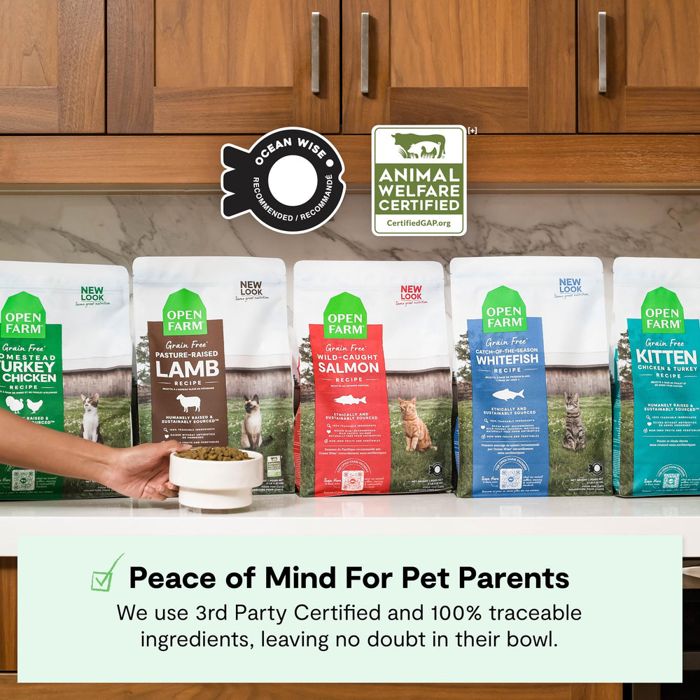 Open Farm third-party-certified-ingredients-seal signals vetted ingredient quality.