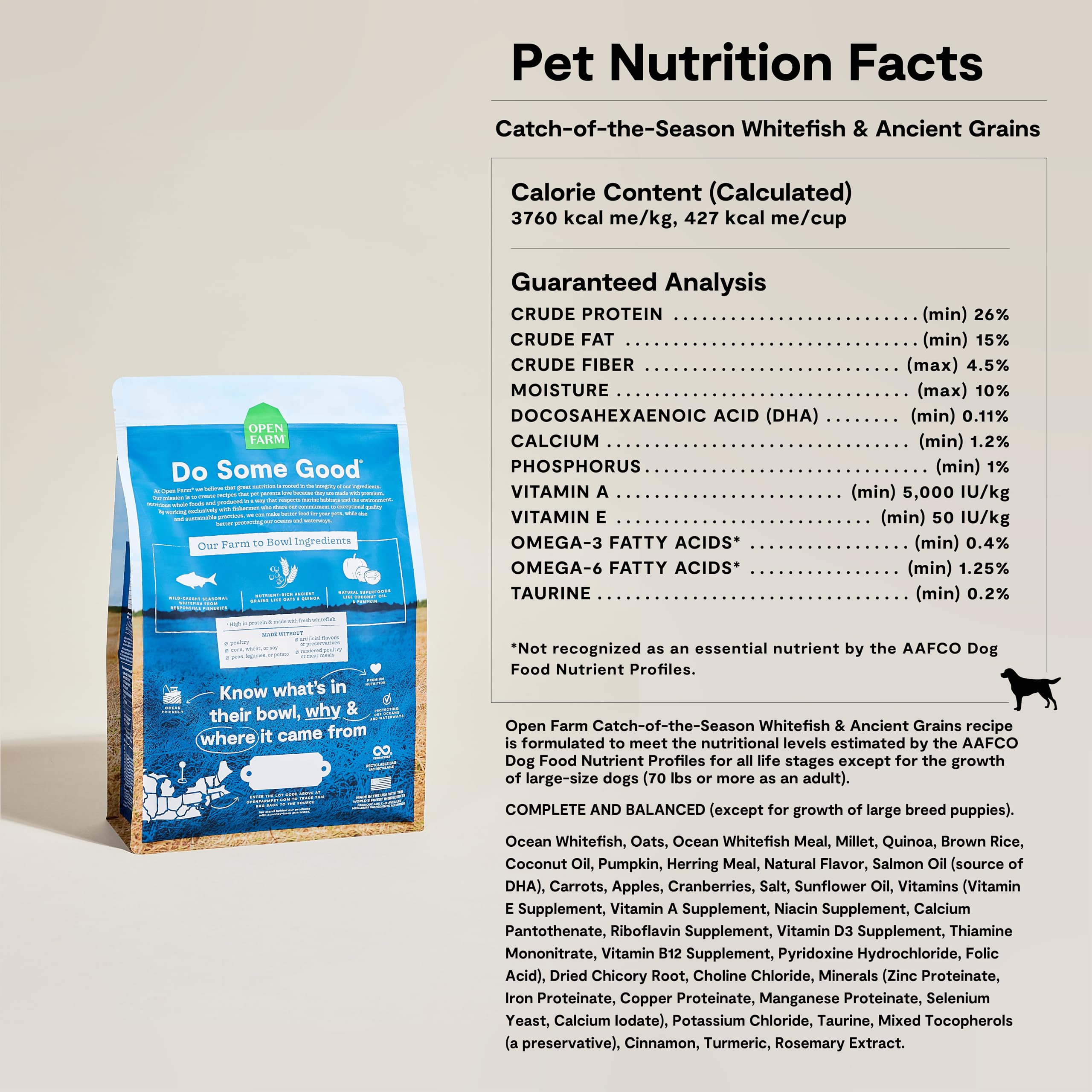 Open Farm traceable ingredients label underscores third-party certified origin.