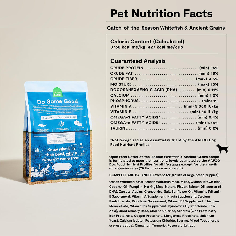 Open Farm traceable ingredients label underscores third-party certified origin.
