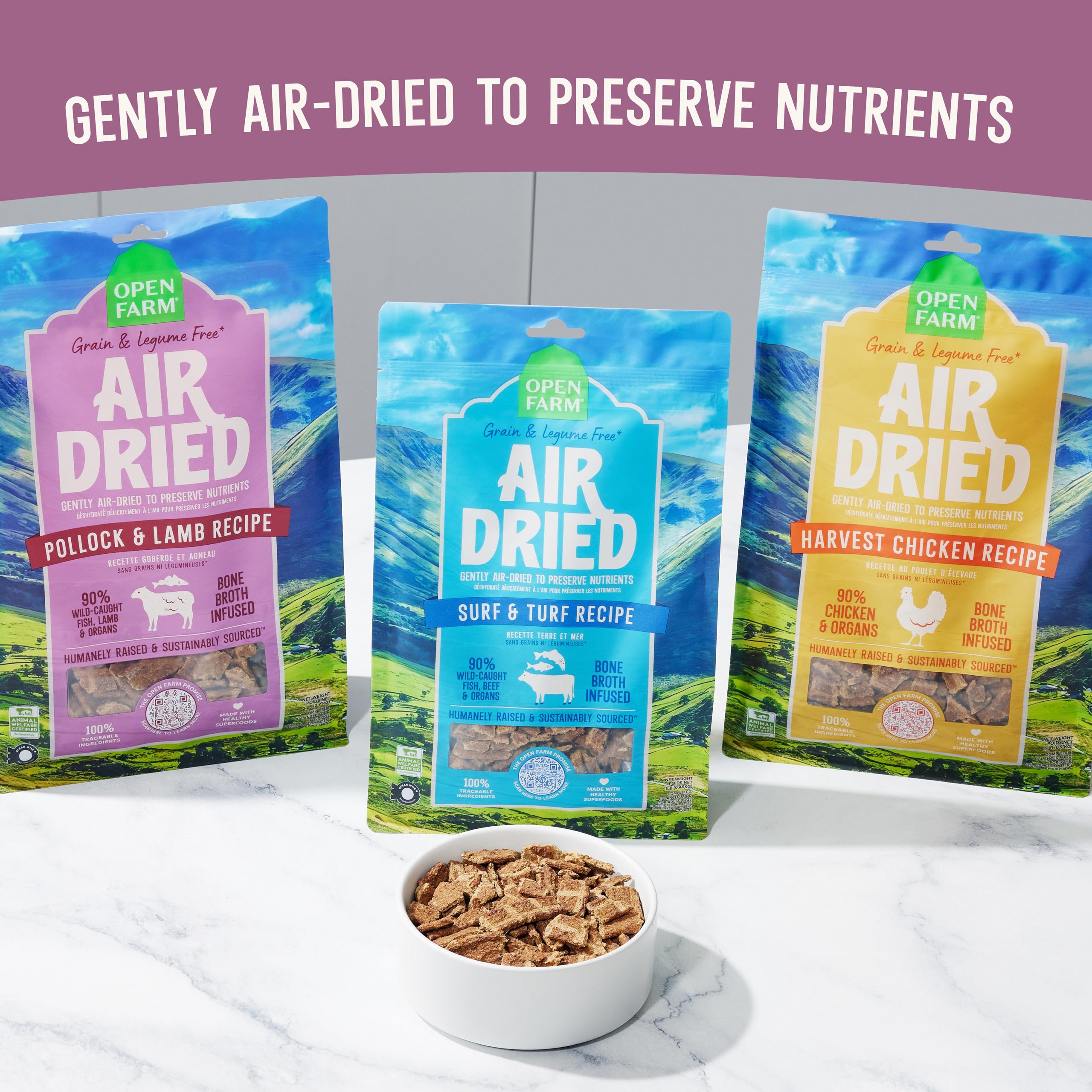 Open Farm USA-made ingredients emblem emphasizes traceability and no artificial flavors.