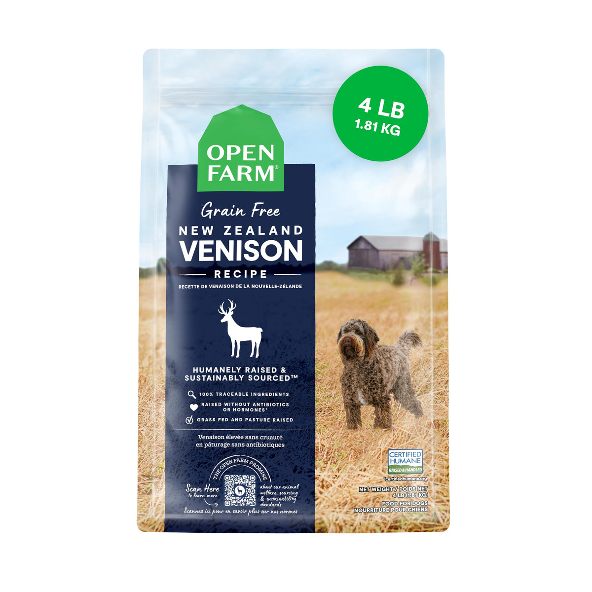 Open Farm venison grain-free dog food bag front with clear labeling for wellness.