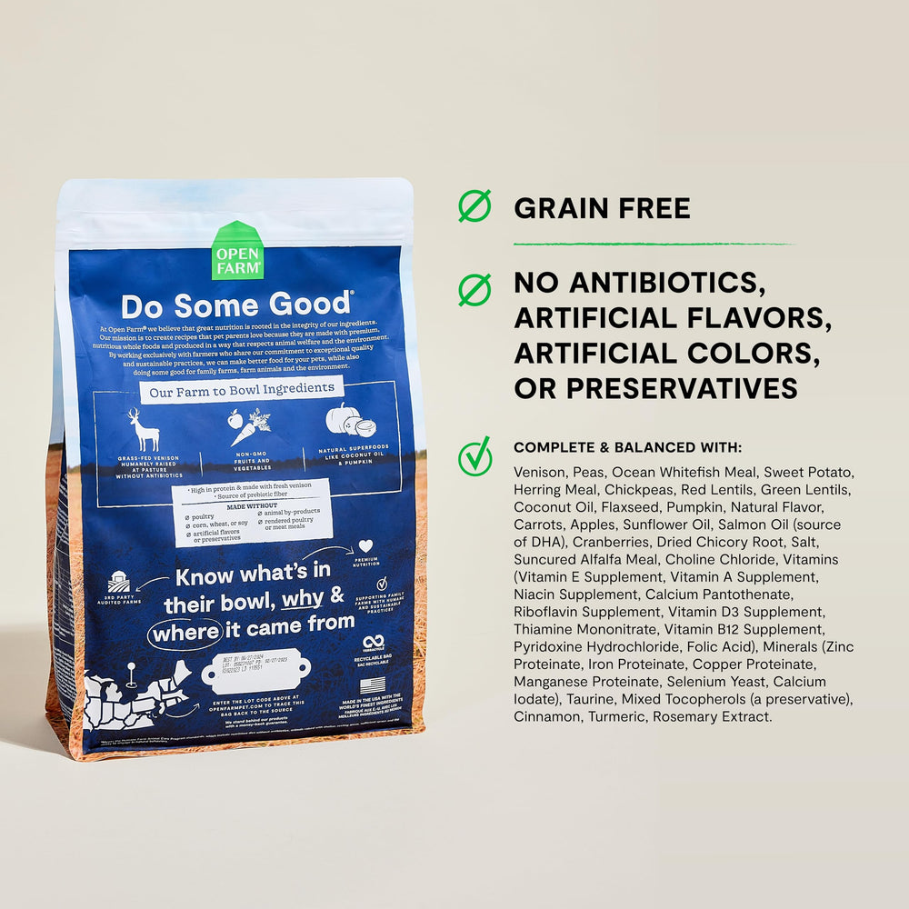 Open Farm venison kibble close-up showing grain-free texture for energy.