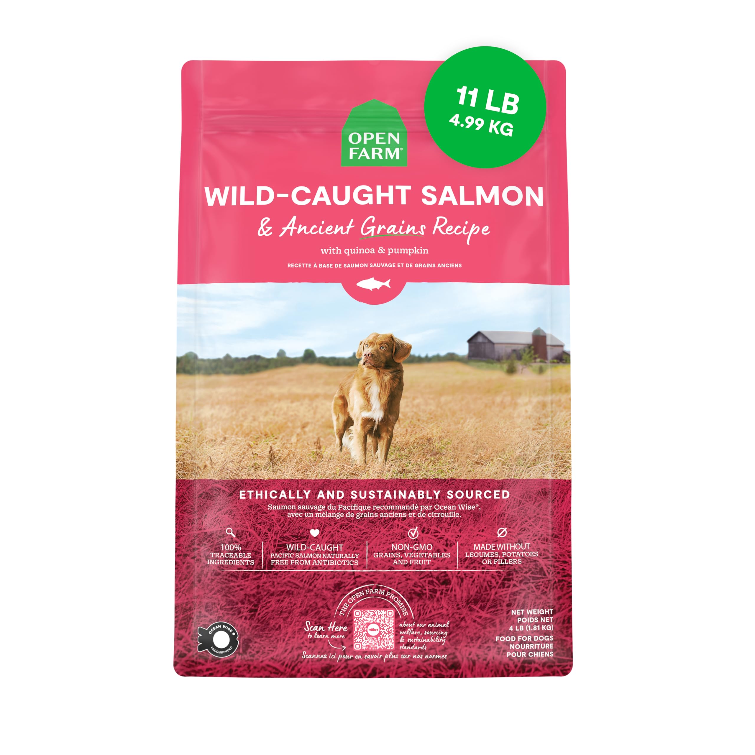 Open Farm wild salmon dry dog food bag showing protein-packed meals