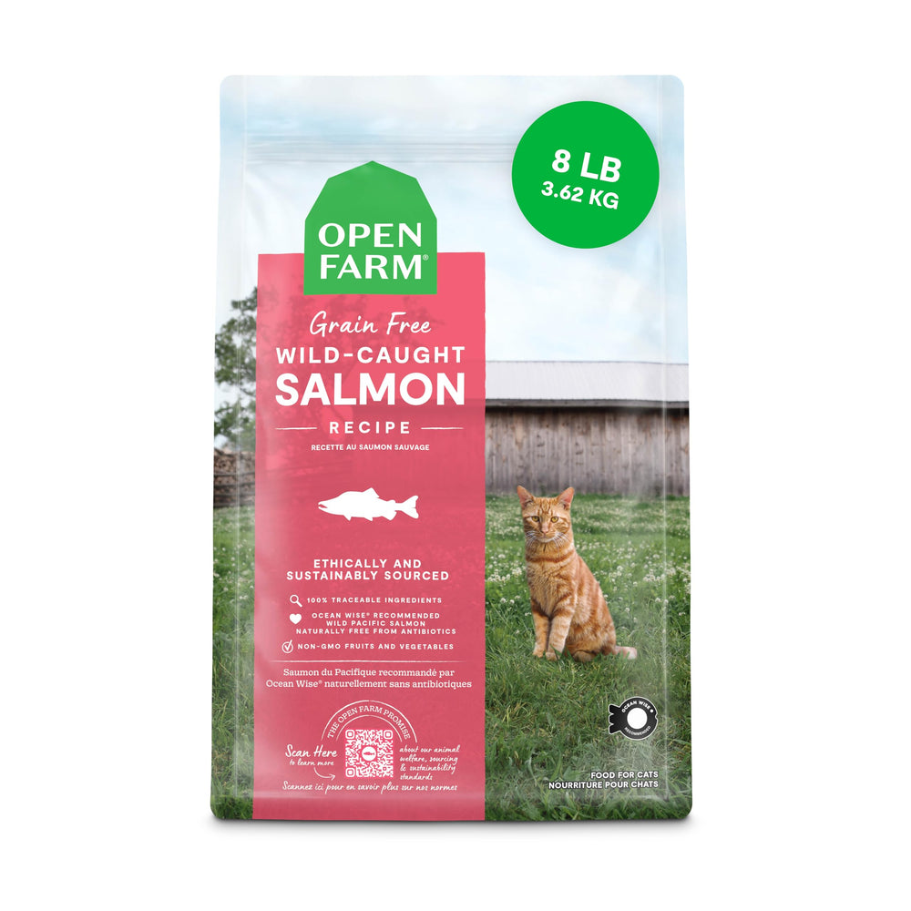 Open Farm wild-salmon-recipe-kibble-closeup shows protein-rich bites for a flavorful feline daily diet.