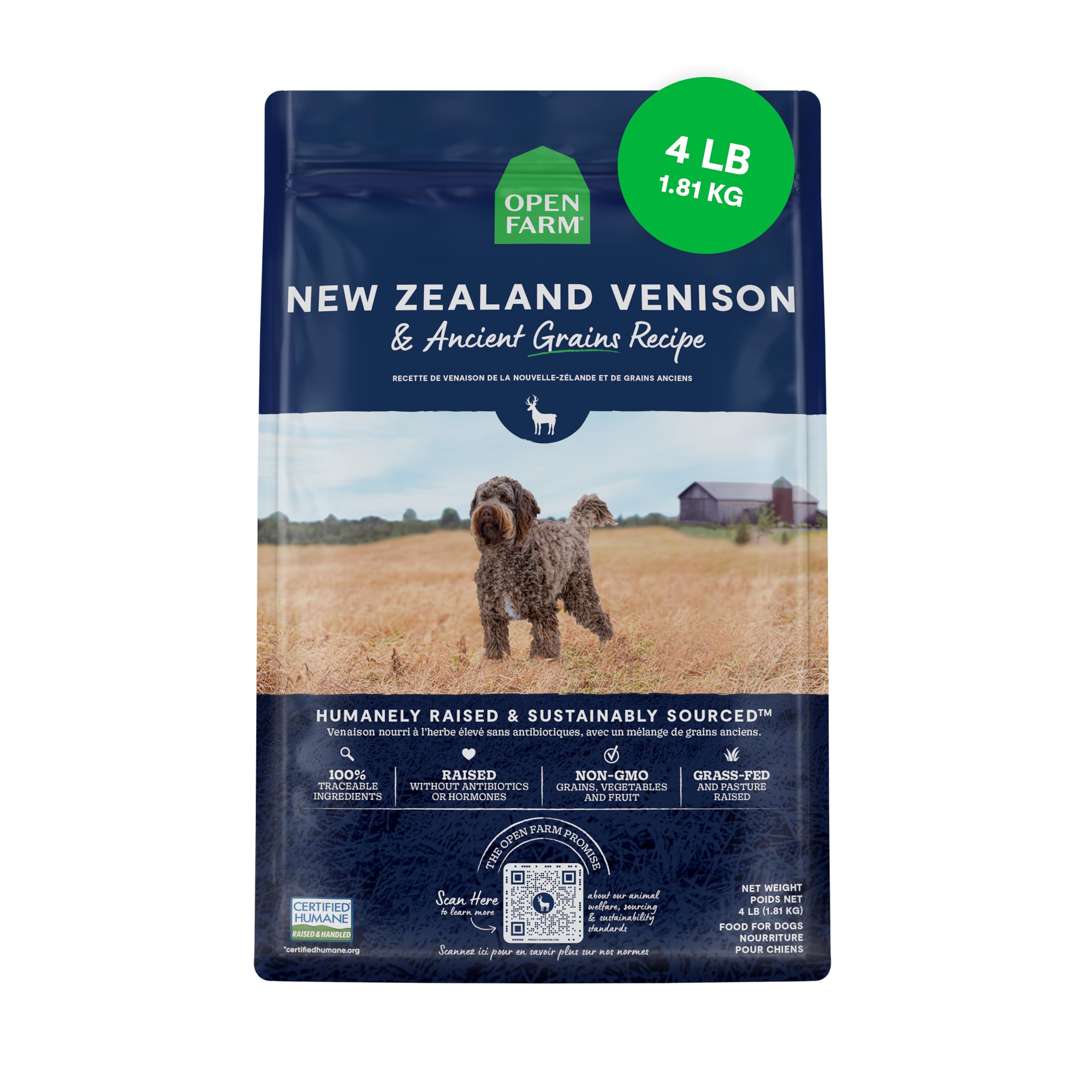 Open Farm ancient grains venison bag, protein-rich meal option for dogs