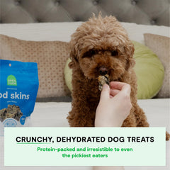 Open Farm cod skins crunchy treats emphasize a high-protein, low-carb option for dogs.