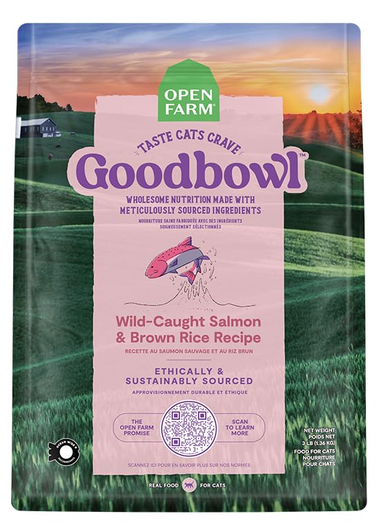 Open Farm Goodbowl-protein-rich-kibble-portrayal emphasizes wild-caught salmon first ingredient.