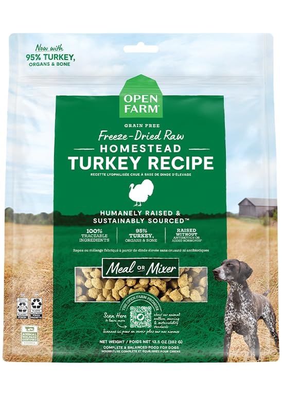 Open Farm Turkey Recipe Morsels bag-front highlights 95% meat for high-protein meals