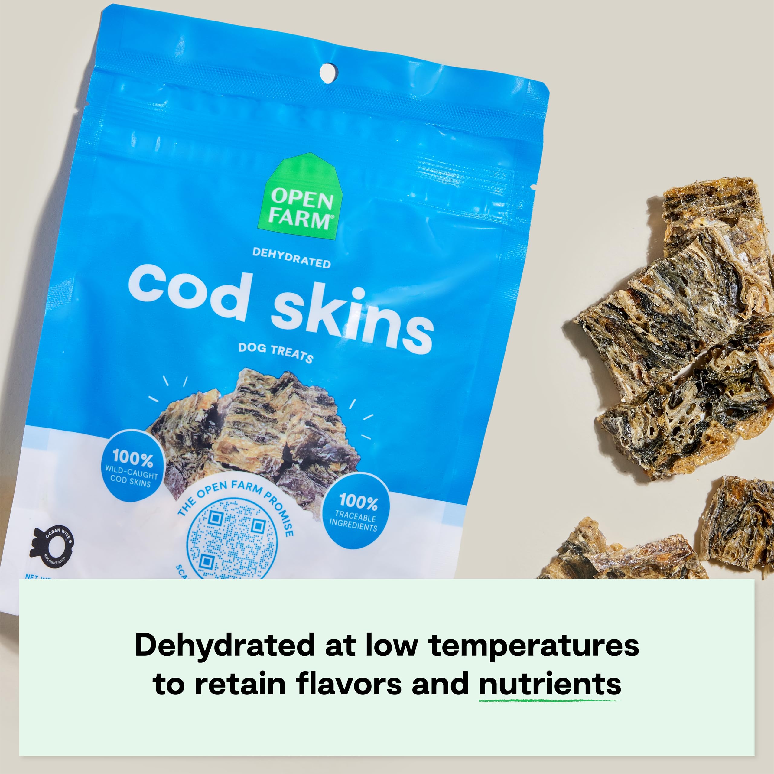 Open Farm US-made dog treats pouch shown with resealable packaging for freshness.