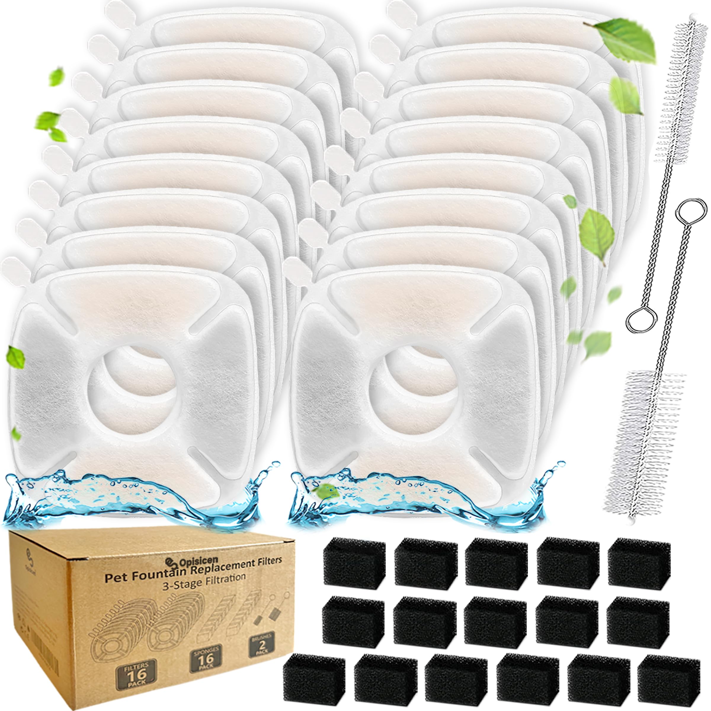 OPISICEN 34pc cat fountain filter packaging for easy setup and quick replacement.