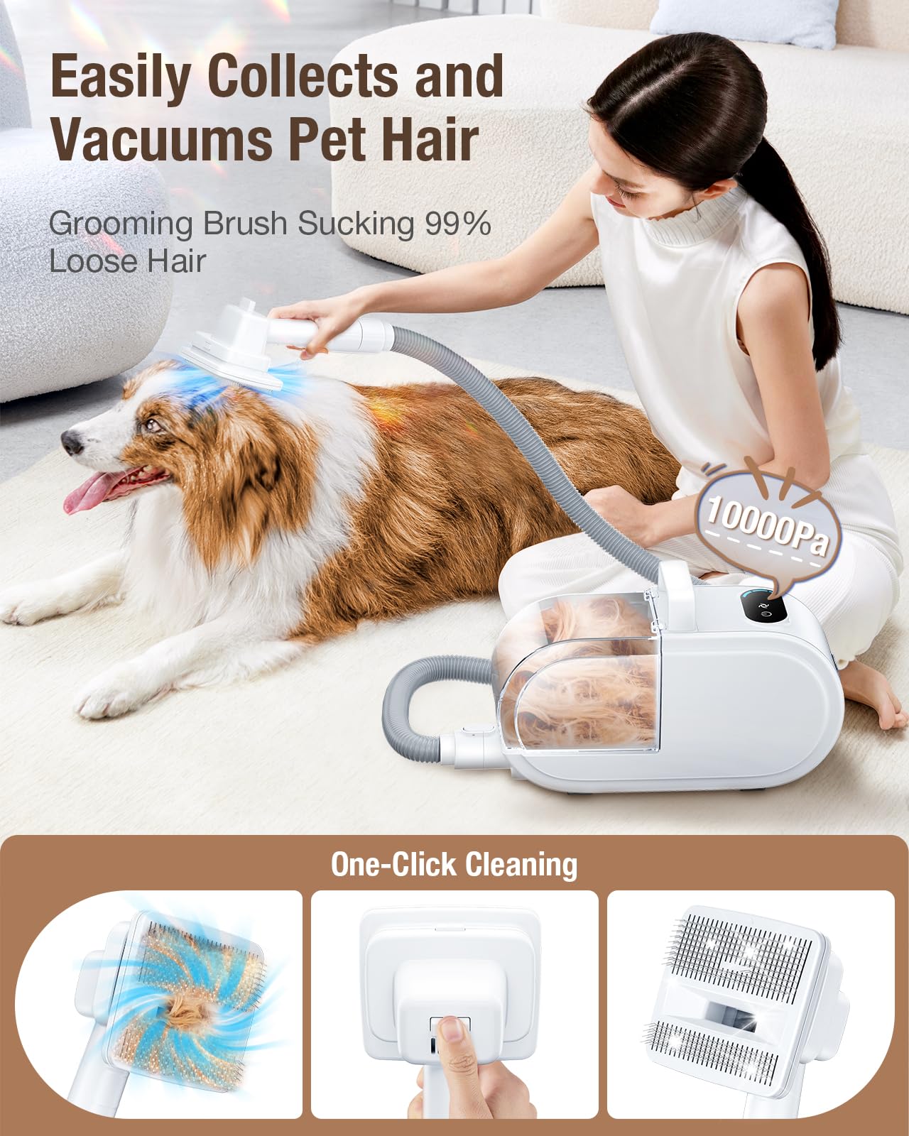 OPOWO dog grooming vacuum hose and nozzle highlighting easy hair pickup from furniture and carpets