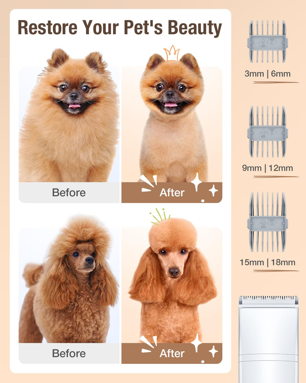 OPOWO dog grooming vacuum kit tools layout emphasizing seven tools in one solution