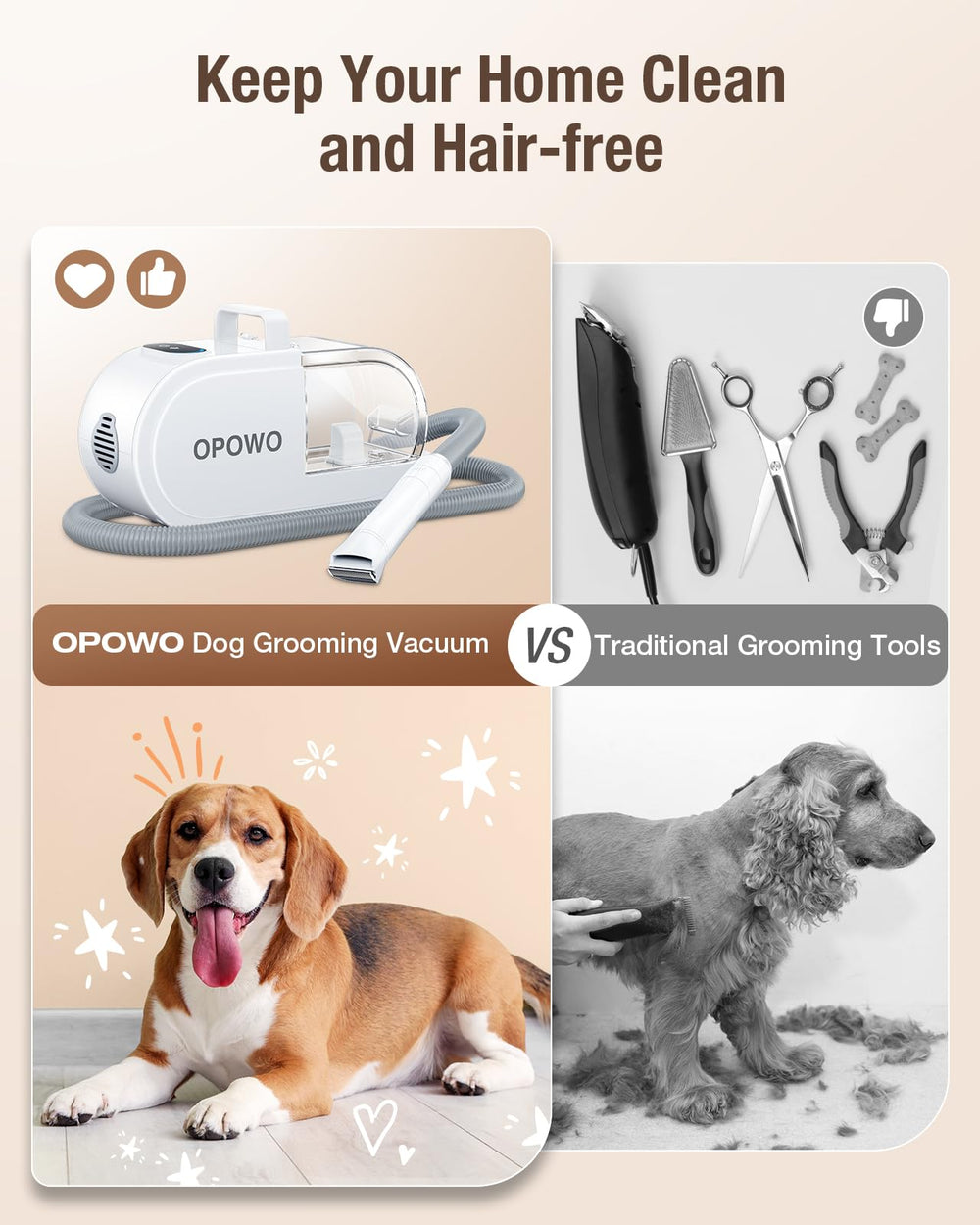 OPOWO dog grooming vacuum 3 suction modes graphic for adjustable fur grooming
