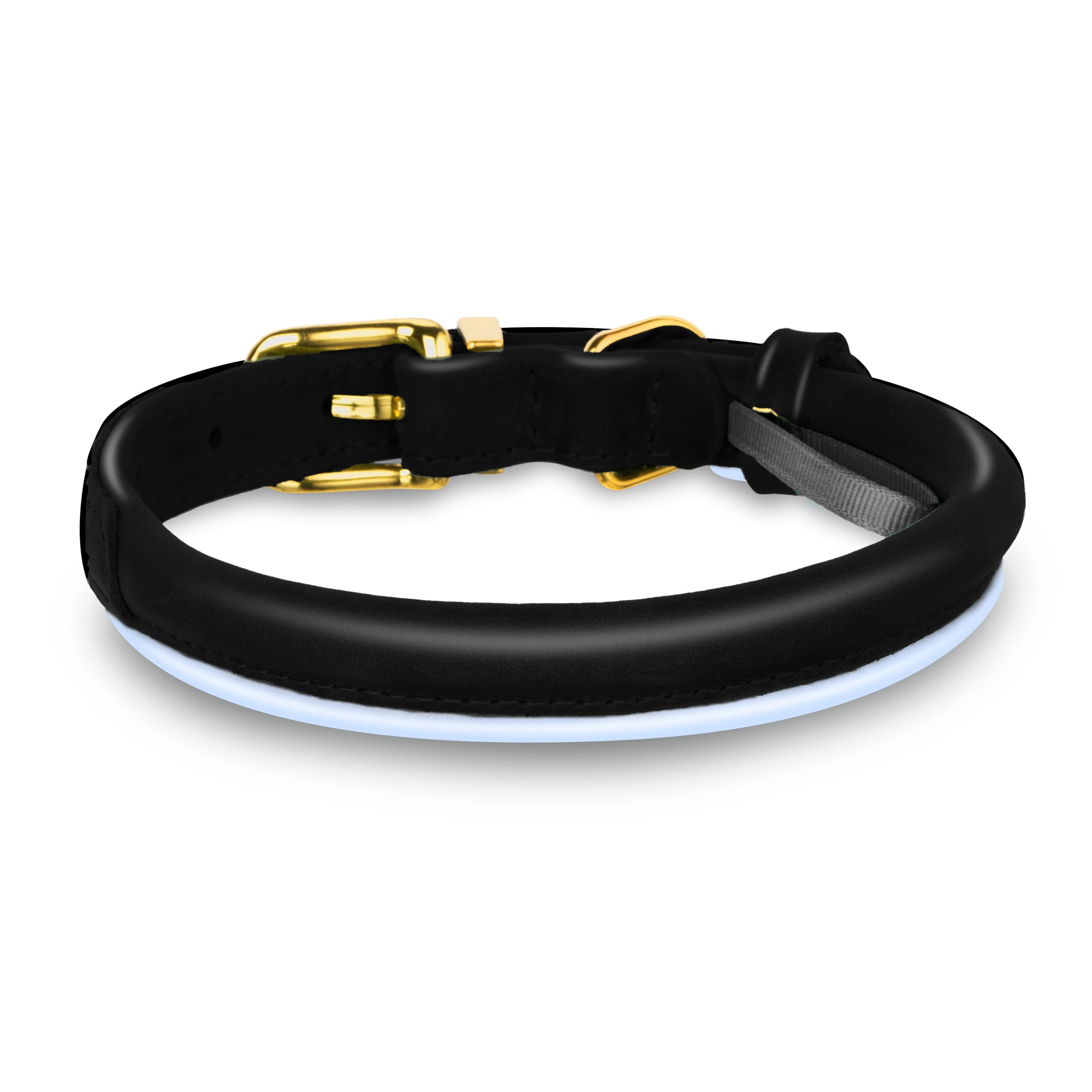 OOPSDOGGY rolled leather collar side view shows soft padding for comfort.