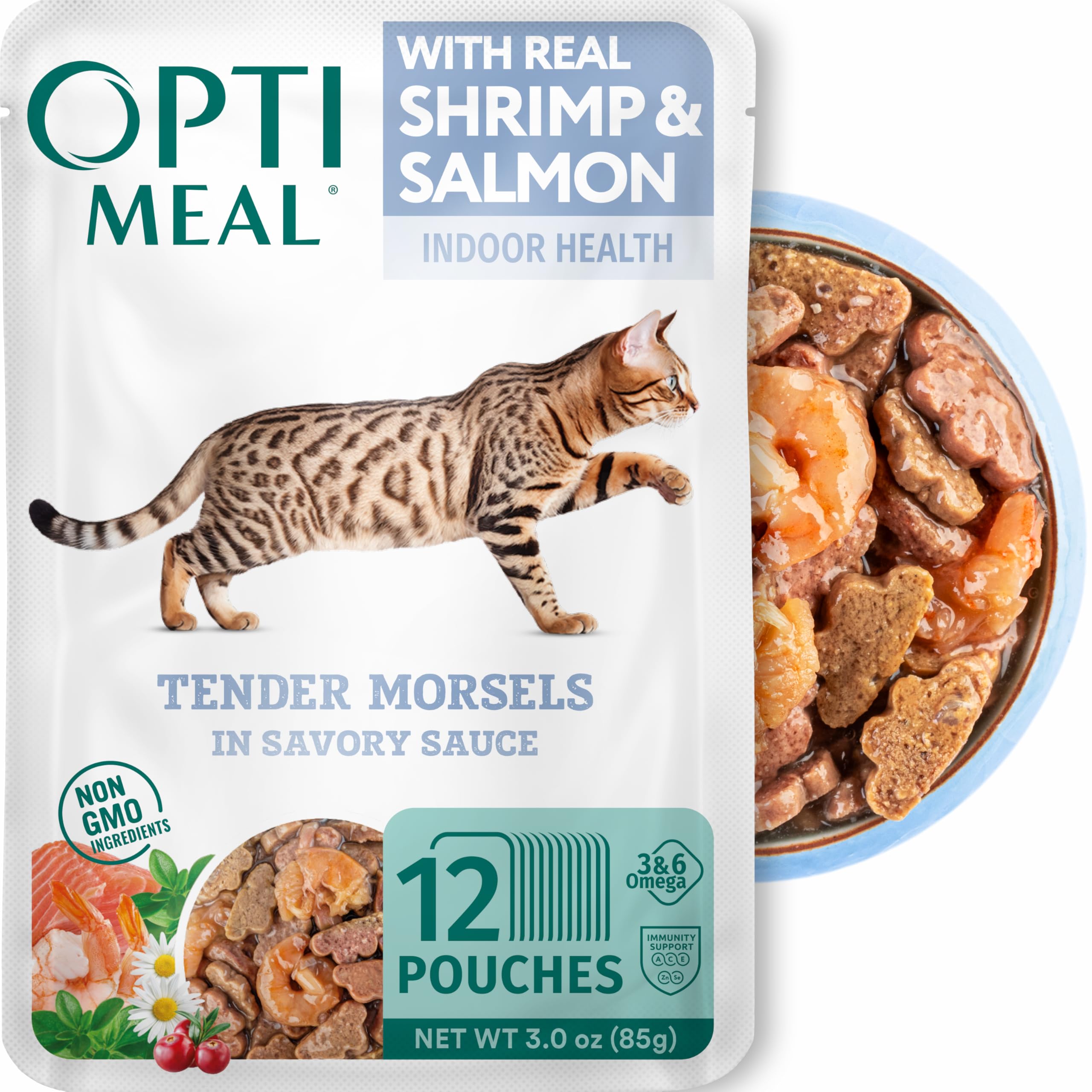 Optimeal grain-free wet cat food pouch featuring shrimp and salmon in savory gravy.