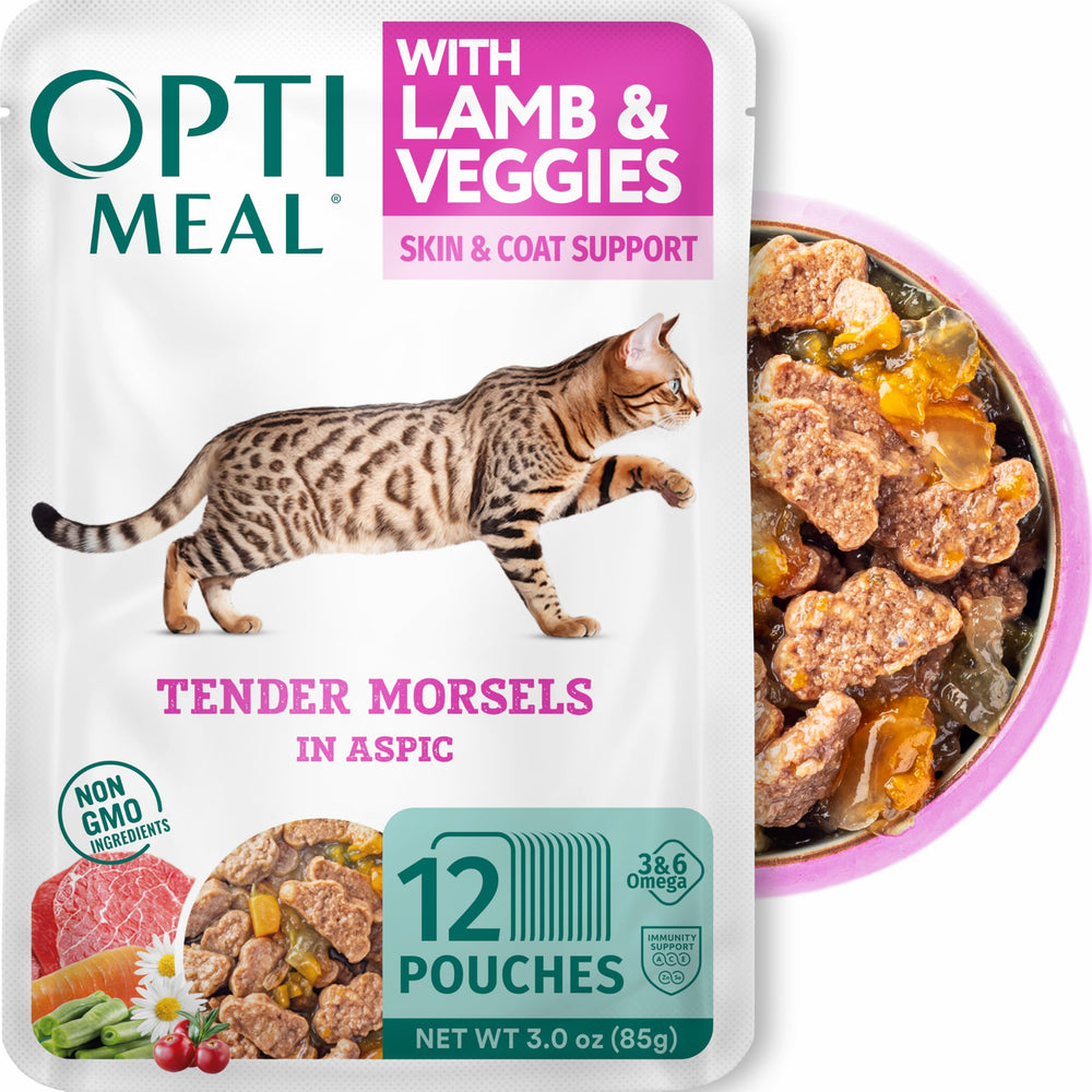 Optimeal Lamb & Veggies wet cat food pouch close-up showing tender morsels in gravy for hydration