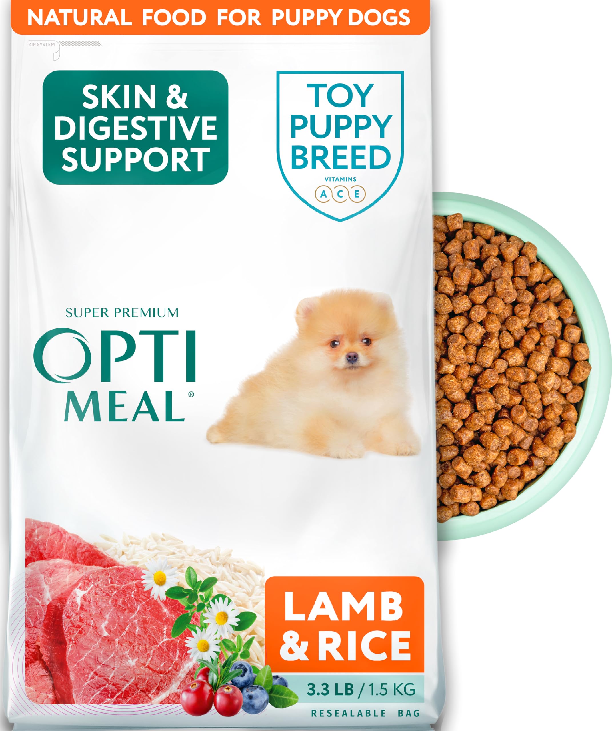 Optimeal Puppy Toy Breed dry food bag front closeup highlighting premium lamb recipe for small dogs.