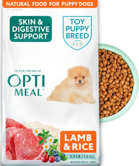 Optimeal Puppy Toy Breed dry food bag front closeup highlighting premium lamb recipe for small dogs.