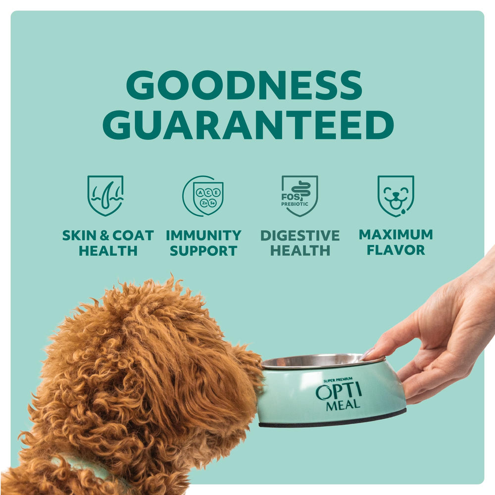 Optimeal Puppy Toy Breed kibble closeup shows crunchy texture ideal for picky small breeds.