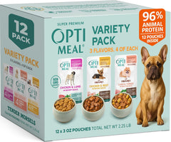 Optimeal small-breed variety pack pouches displayed for balanced daily meals.