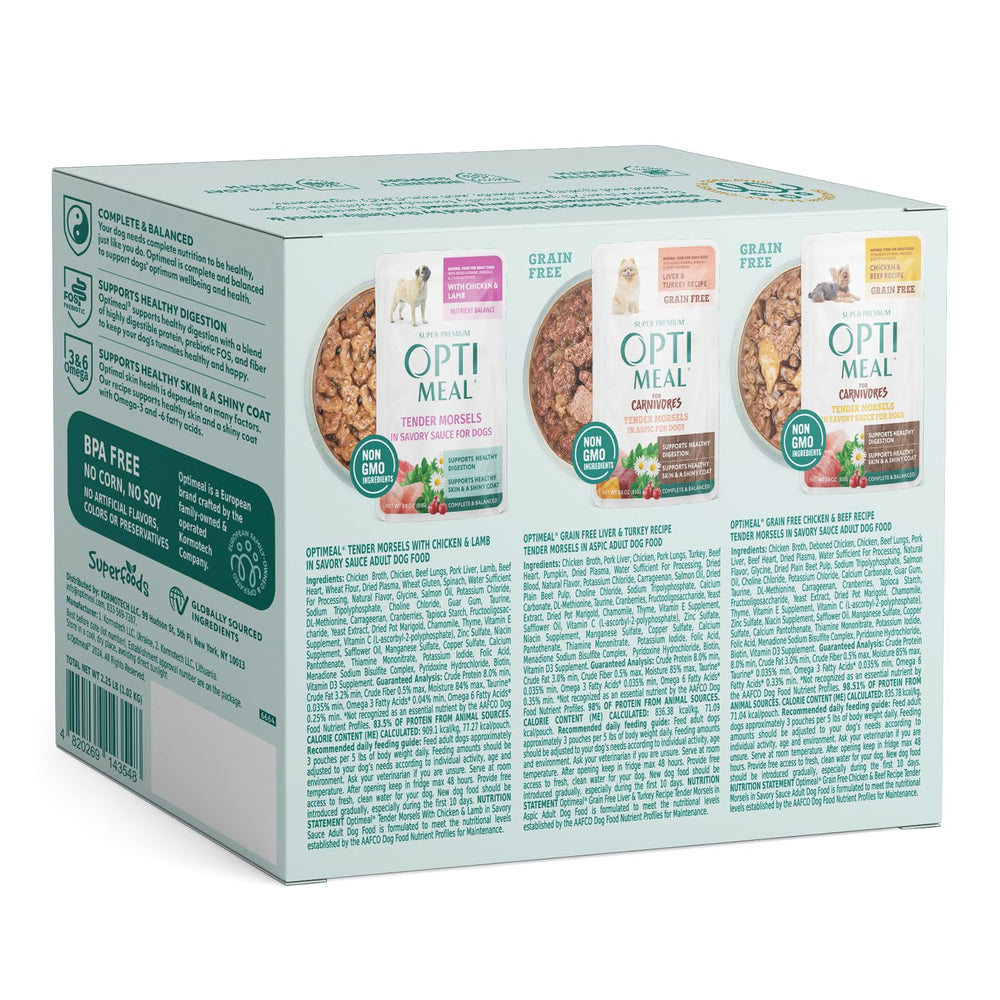 Optimeal tender morsels in aspic showcase juicy texture for small dogs.