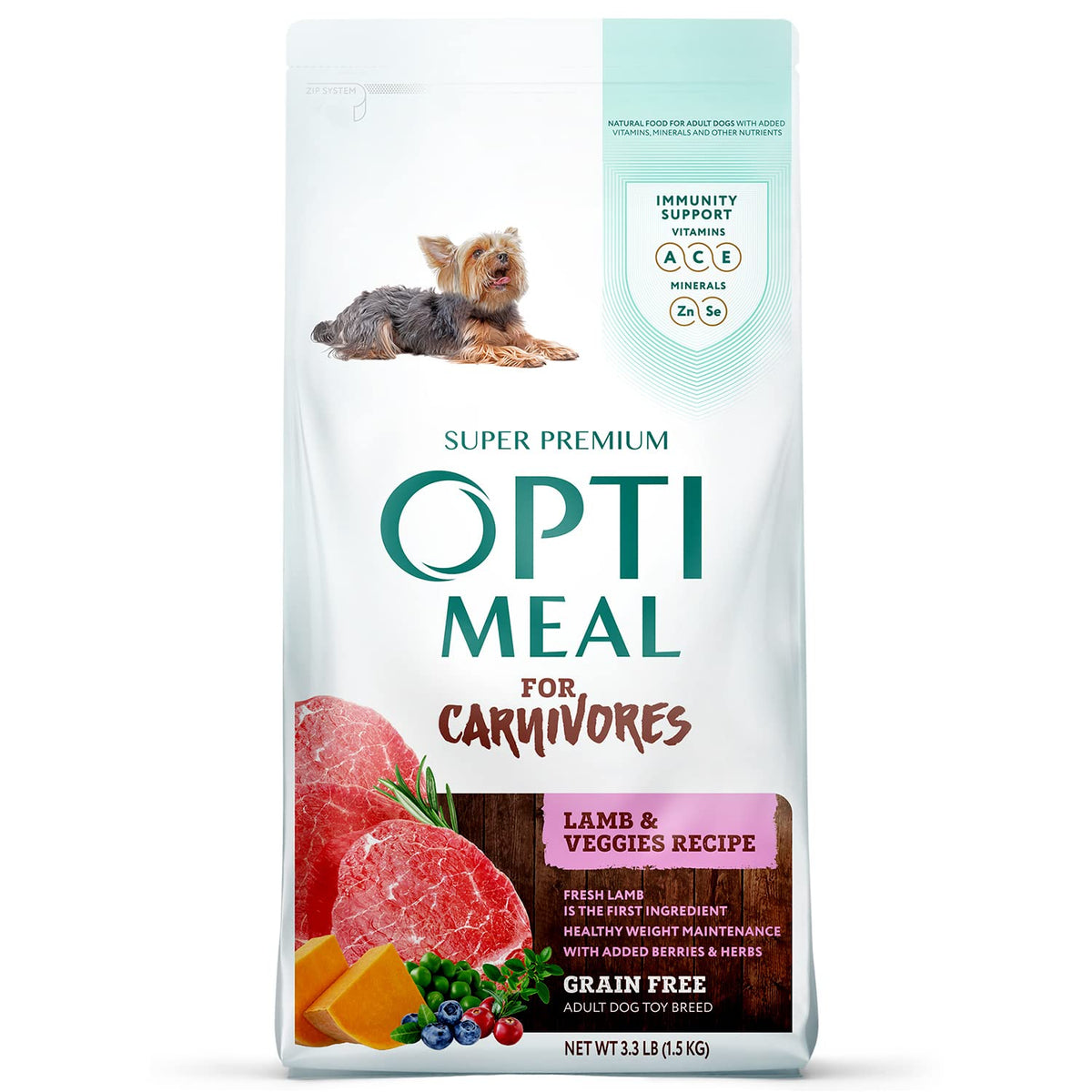 Optimeal Toy Breed Dry Dog Food lamb kibble closeup highlighting digestible protein