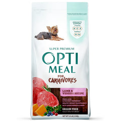 Optimeal Toy Breed Dry Dog Food lamb kibble closeup highlighting digestible protein
