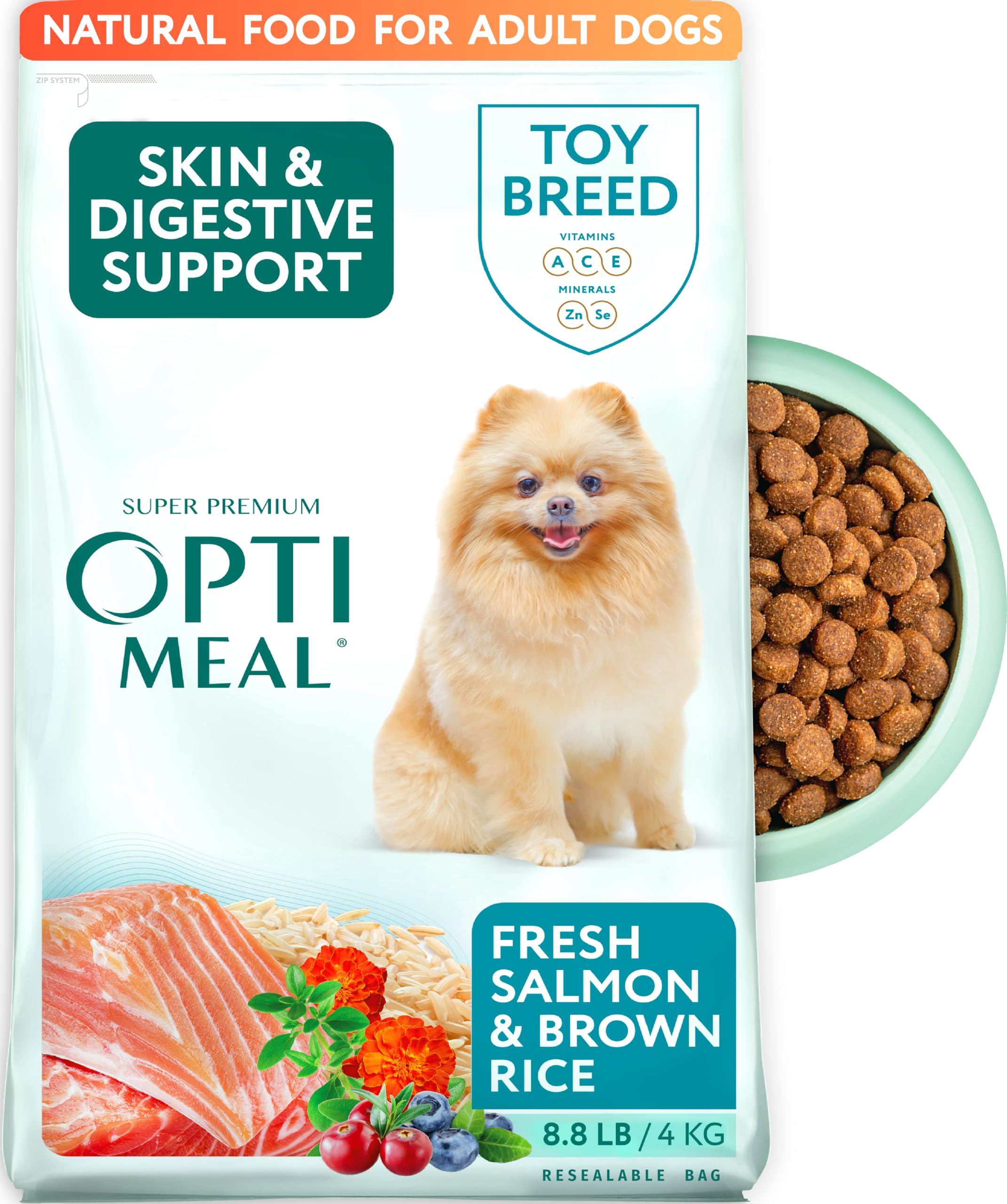Optimeal Toy Breed Dry Dog Food packaging shows premium small-bite kibble for toy dogs benefiting easy feeding
