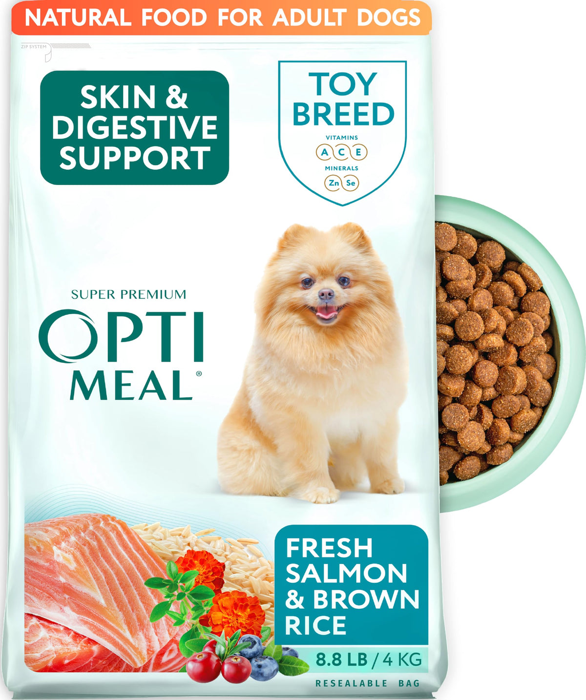 Optimeal Toy Breed Dry Dog Food packaging shows premium small-bite kibble for toy dogs benefiting easy feeding